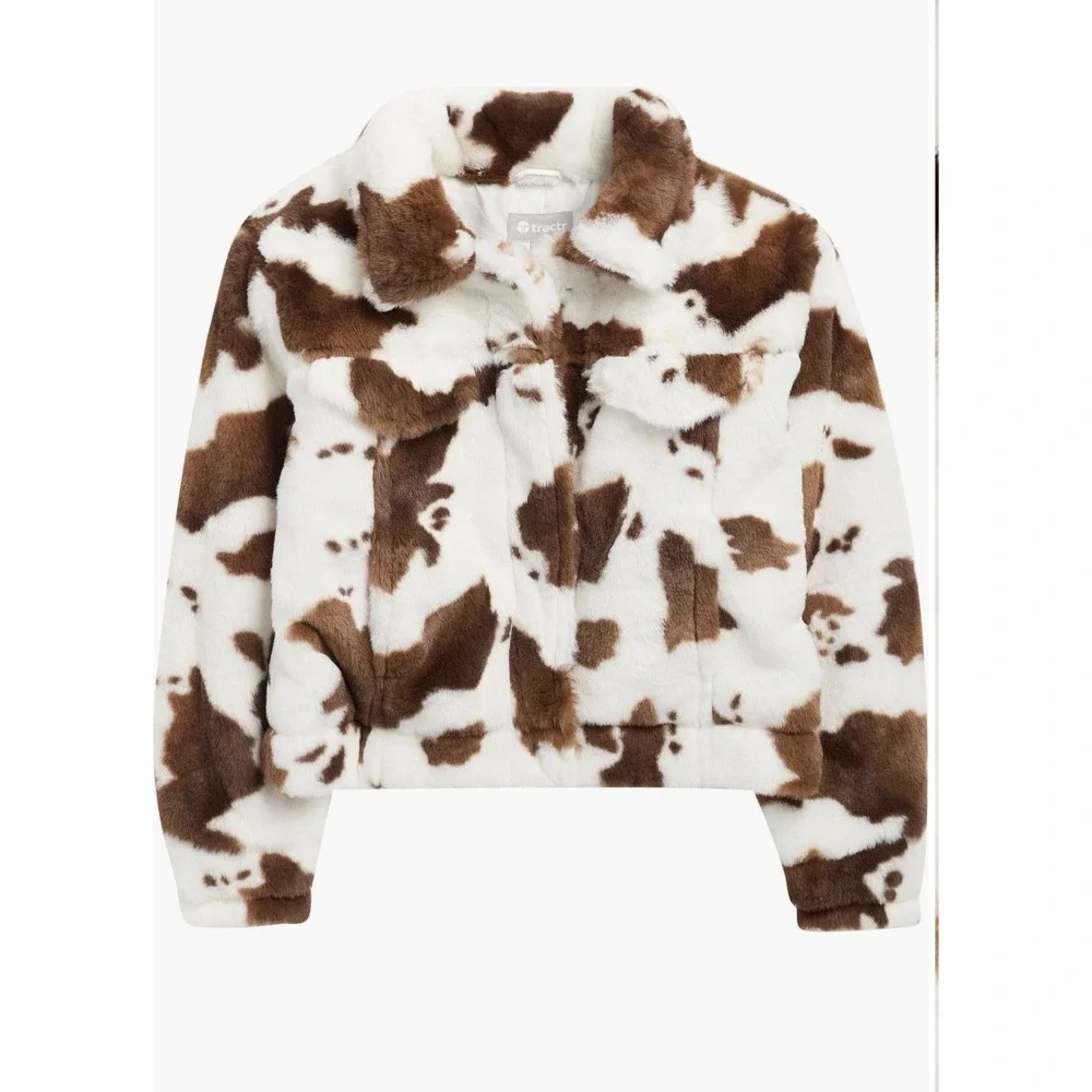 Tractr Kids Cow Print Faux Fur Trucker Jacket Girls XL